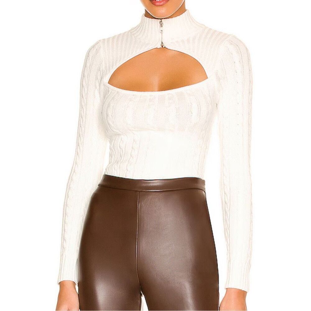 Superdown Tanya Cut Out Sweater in Ivory Silky Cable Knit REVOLVE NWT M